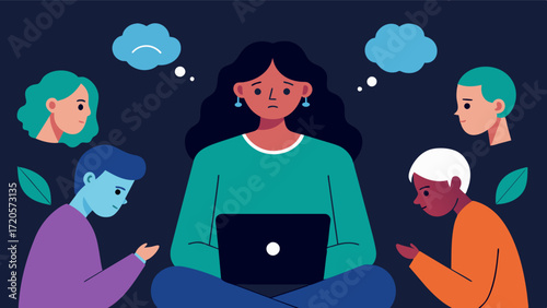 A person with depression finds solace in a virtual support group connecting with others who understand and relate to their struggles and providing a supportive and therapeutic. Vector illustration