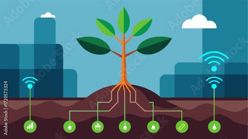 A visualization of the deep roots of a plant with IoT sensors attached at different levels providing a comprehensive view of the soil health.. Vector illustration
