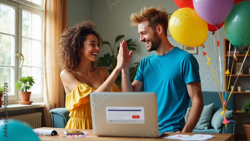 A  interior scene of a happy young couple