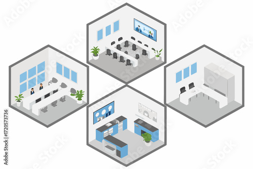 Isometric view of modern office spaces including meeting rooms and workstations