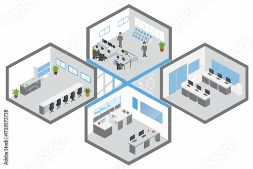 Isometric view of a modern office layout with multiple rooms and workstations
