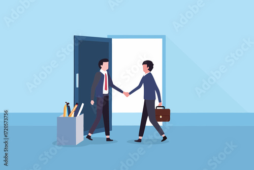 Two businessmen in suits shaking hands at an open doorway symbolizing agreement and new opportunities