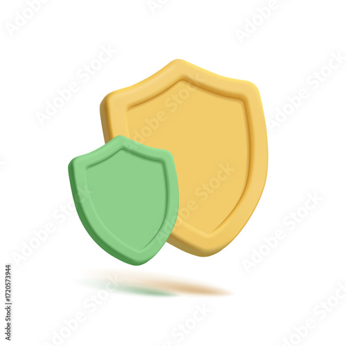 Yellow and green empty matte shields, 3D. For concepts of protection and security, health, finance. Icon, mockup. Vector illustration.