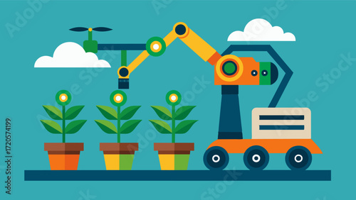 A robotic arm equipped with cameras and sensors that can precisely prune and harvest crops based on growth stage and market demand.. Vector illustration