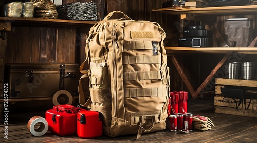 Tan Tactical Backpack, Red Survival Boxes, Wooden Shelves Background, Safety Gear