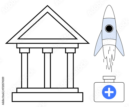 Government structure beside a soaring rocket and medical box with a blue cross. Ideal for innovation, progress, healthcare, technology, startup funding, public service, simple flat metaphor