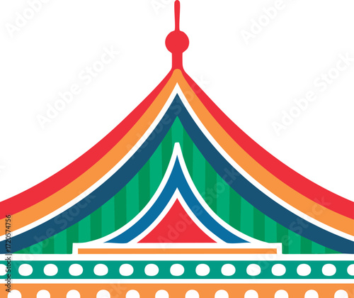 Flat vector Korean temple roof detail with colorful geometric curved lines