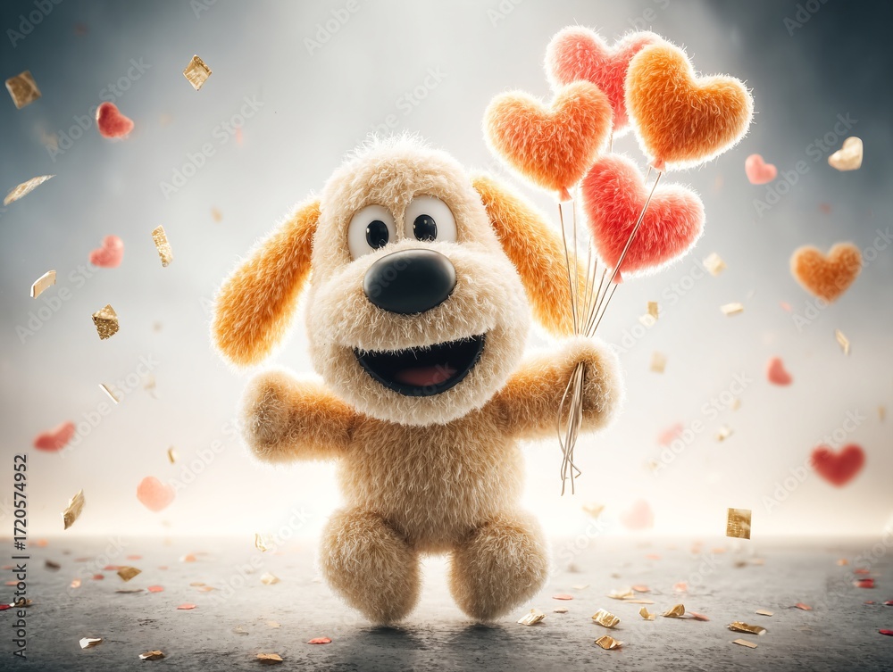 Fototapeta premium a cute stuffed dog mascot carrying balloons and confetti