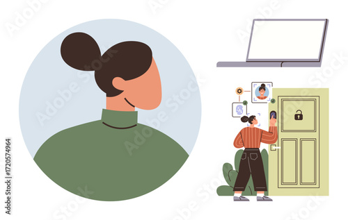 Woman scanning face for secured digital door lock access, connected devices, and profiles. Ideal for technology, security, innovation, identity verification, privacy, smart homes modern solutions