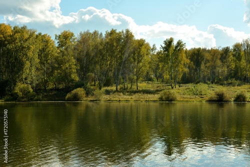Reflection of dense forest and cloudy sky in the shaky surface of a beautiful lake on a sunny summer day.