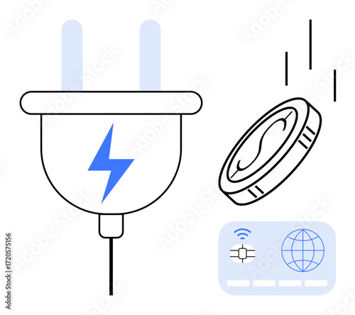 Plug with lightning bolt icon, digital coin, and interface with grid and wireless icons. Ideal for technology, innovation, energy, finance, connectivity, e-commerce sustainable tech simple flat