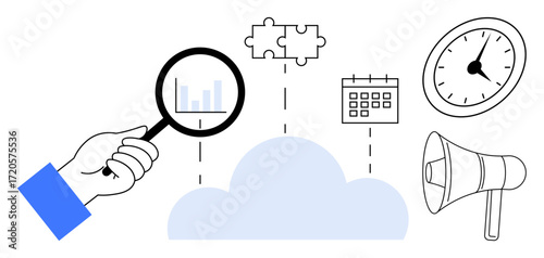 Hand holding magnifying glass analyzing data over cloud, puzzle, calendar, clock, megaphone. Ideal for data management, productivity, team collaboration, planning marketing problem-solving simple