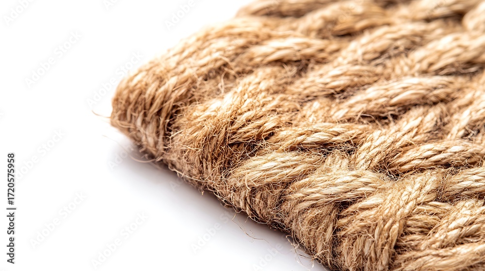 Fototapeta premium Thick Brown Twisted Jute Rope Coiled on a White Surface Closeup Texture
