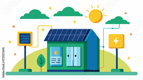 A solarpowered smart storage unit that utilizes renewable energy to control temperature and humidity levels reducing energy costs and environmental impact.. Vector illustration