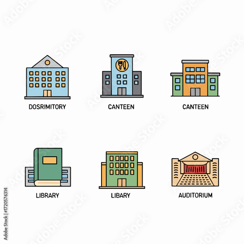 Campus Building Icons Dormitory, Canteen, Library, Auditorium Illustrations