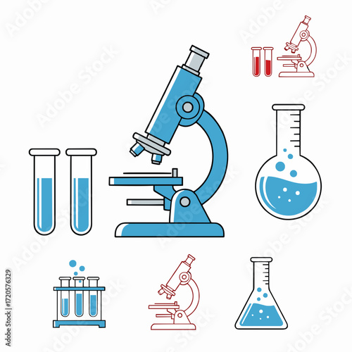 A set of scientific laboratory equipment vector icons, including a microscope, test tubes, and flasks, representing concepts of research, chemistry, and biology