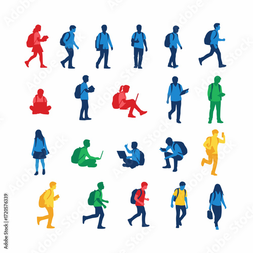 A vibrant collection of colorful vector silhouettes depicting students in various poses and activities