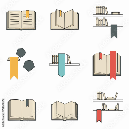 Collection of vector illustrations depicting books and bookmarks on shelves and individual pages, perfect for educational and literary themes