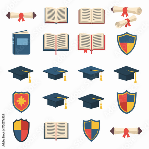 Diverse vector collection featuring symbols of academic achievement, higher education, and intellectual pursuits, perfect for educational design projects and scholastic themes