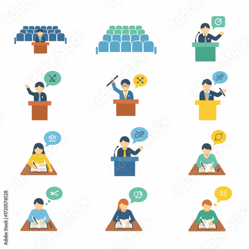 Public Speaking & Audience Engagement Icon Set Flat Design Illustrations