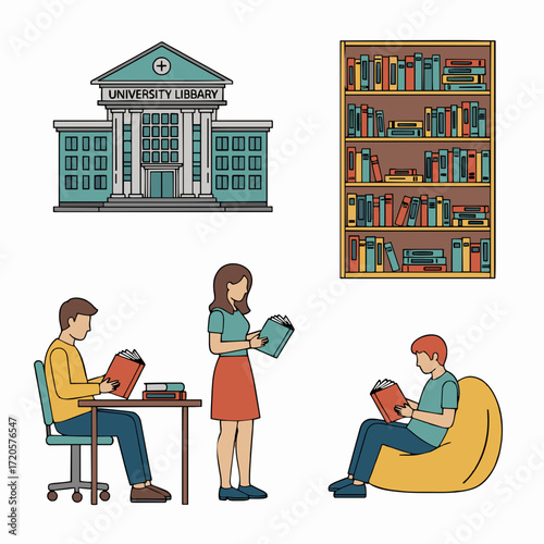 Dynamic illustration of a university library, complete with academic building, full bookshelves, and dedicated students engrossed in study, representing education and intellectual growth