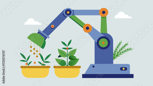 A robotic arm with multiple interchangeable tools capable of harvesting various types of herbs without the need for manual reconfiguration.. Vector illustration