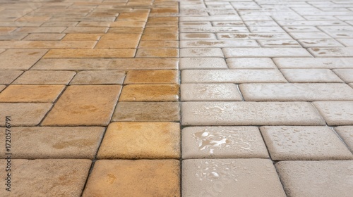 Clean Versus Dirty Paver Stones After Rain with Water Droplets on Weathered Surface in Residential Outdoor Patio Area