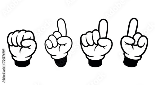 Cartoon hands showing fist and pointing fingers on white background