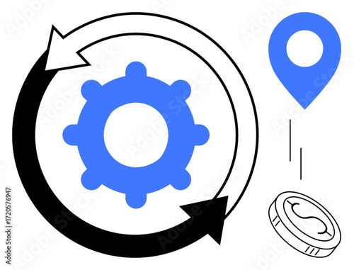 Gear encircled by arrows, locator pin, and coin symbolize workflow, navigation, process optimization, and exchange. Ideal for teamwork, operations, technology finance logistics goals simple flat