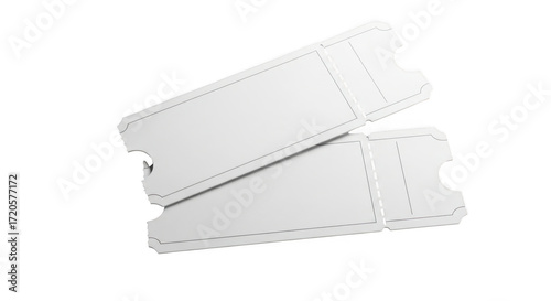 Two blank white tickets with perforated edges are angled and overlapping on a transparent background