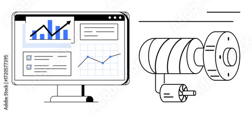 Computer screen displaying data graphs, checklists, and reports beside a detailed machine sensor. Ideal for industrial automation, data analysis, IoT, performance tracking, operational efficiency
