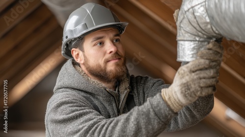 Skilled Construction Worker Inspecting Duct Work in Attic During Home Renovation Process with Safety Gear and Tools