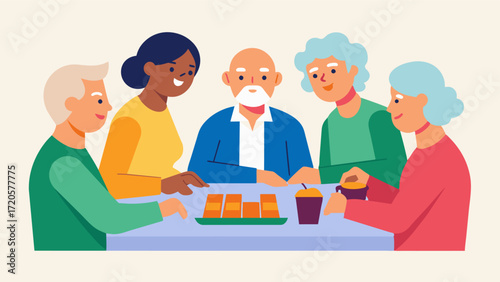 A picture of a group of elderly friends playing a board game together each one completely engrossed and enjoying the company and support of one another.. Vector illustration