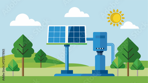 A smart irrigation pump equipped with solar panels for sustainable energy usage. The pump can be programmed to operate during peak sunlight hours reducing the need for electricity. Vector illustration