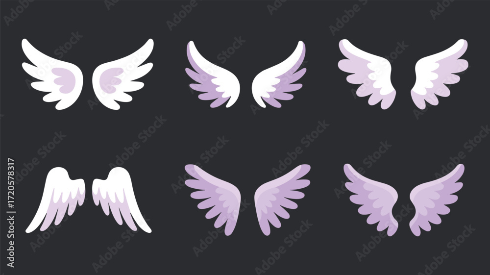 Obraz premium Six Pairs Of Cartoon Angel Wings In White And Purple Hues illustration graphic