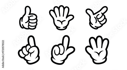 Six Black And White Cartoon Hand Gestures On White Background