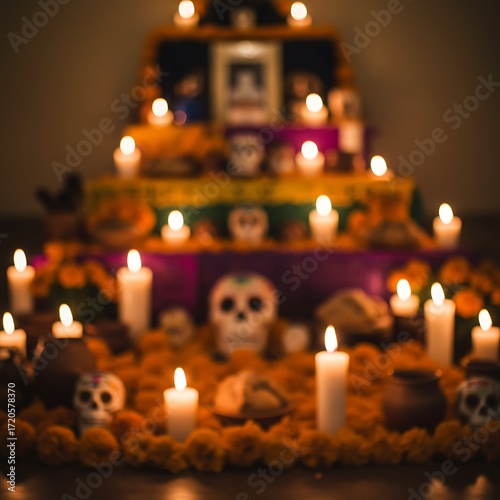 Dia De Muertos Skulls and Marigolds on Dark Background