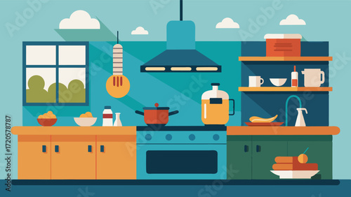 A wellappointed kitchen provides the convenience of cooking meals during a workfromvacation stay reducing the need to dine out.. Vector illustration