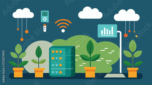 A smart storage system that uses IoT devices to monitor temperature humidity and other factors to ensure optimal conditions for storing harvested crops.. Vector illustration