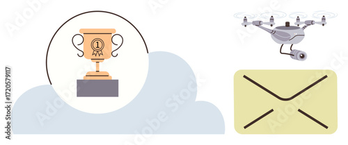 Golden trophy on pedestal, quadcopter with camera, yellow envelope, light blue cloud. Ideal for success, innovation, teamwork, technology delivery communication digital solutions. Simple flat metaphor