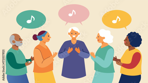 A group of patients with Parkinsons disease engaging in a storytelling circle using vocal exercises and movements to improve their speech and motor skills. The activity also helps. Vector illustration