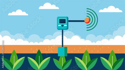 A sensor attached to a crop field that detects soil moisture levels and automatically adjusts the irrigation system accordingly ensuring optimal hydration for each plant.. Vector illustration