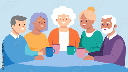 A group of elderly friends sitting around a table sharing stories and memories over a cup of tea. The support and understanding in their eyes creating an unbreakable bond of. Vector illustration