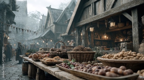 Vibrant marketplace scene medieval village photorealistic image foggy environment close-up view historical culture concept