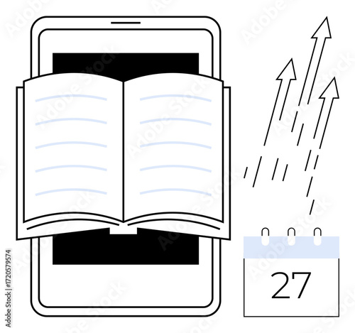 Open book over smartphone symbolizing digital learning, progress arrows, and calendar date. Ideal for education, online resources, self-growth, scheduling, e-books, productivity and innovation