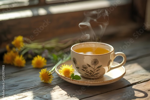 Cup of healthy dandelion tea, herbal medicine with retro toned style, healing botanical drink with dried yellow blowball flowers, rustic alternative homeopathy beverage, aromatherapy, morning health