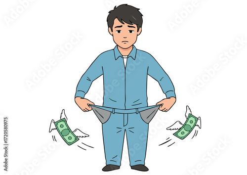 Broke Man Illustration of Financial Hardship and Empty Pockets