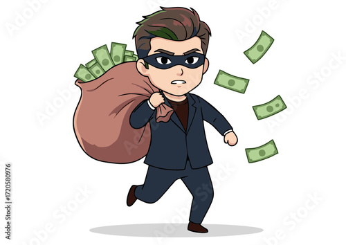 Cunning Thief Running Away with a Sack of Money Cartoon Illustration