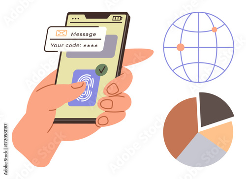 Hand holding a smartphone with fingerprint scanner and code verification, global network, analytics icon. Ideal for cybersecurity, mobile app, communication, e-commerce, data privacy, online banking