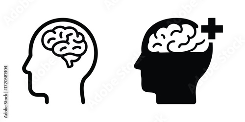 Brain health improvement and mental wellness concept icons. human head and brain